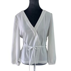 J.Crew Minimalist Modern White Faux Wrap Blouse Long Sleeve V-Neck Tie Waist 8